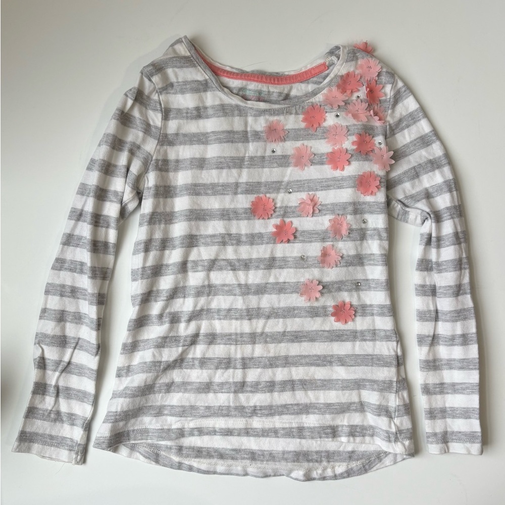Maggie & Zoe Girls Gray White Stripe Tshirt Pink Fabric Flowers Size 5-6